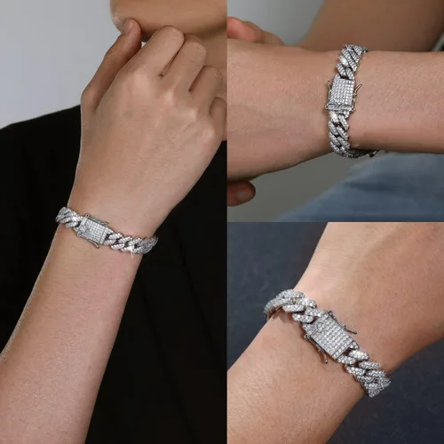 Vista 2 de Pulsera de eslabones cubanos de 0.394 pulgadas y 0.472 pulgadas para hombres y mujeres, chapado en platino de 14 quilates, pulseras de hip hop