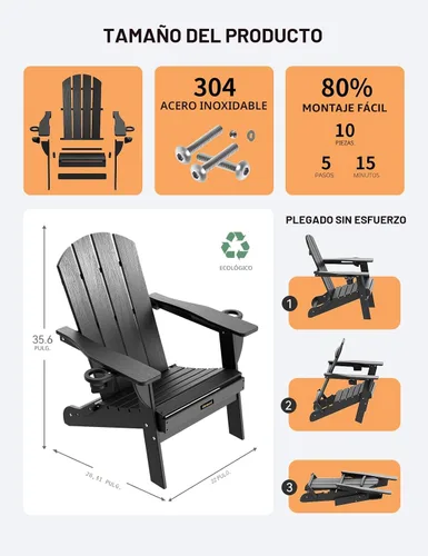 Vista 3 de Silla Adirondack Plegable, Sillas Adirondack de Plástico con Textura de Madera con 2 Portavasos, Silla para Hoguera de HDPE Resistente a