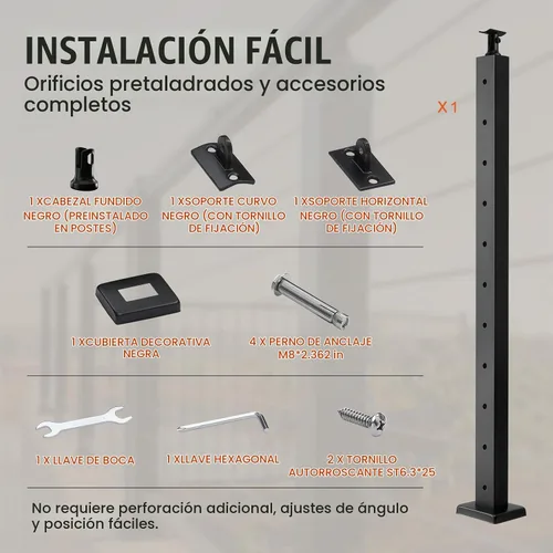 Vista 6 de VEVOR Poste de Barandilla de Cable para Escalera y Cubierta 36 x 0.98 x 1.97 pulgadas Poste de Pasamanos de Cable de Acero Inoxidable con Acabado