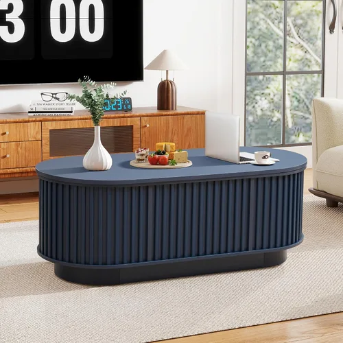 Vista 5 de Mesa de Centro Ovalada con Tapa Elevable y Almacenamiento, 43.3" Mesa Central Moderna de Mediados de Siglo con Compartimento Oculto, Mesa de Comedor