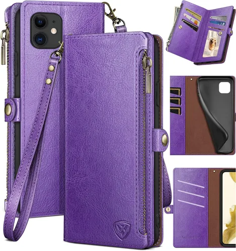 Vista 12 de XcaseBar Funda tipo cartera compatible con iPhone 11 de 6.1 pulgadas con cremallera y tarjetero de crédito con bloqueo RFID, funda de piel sintética