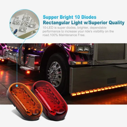 Vista 2 de Partsam 2 luces LED ámbar + 2 rojas de 12V, 10 cm x 5 cm, luz indicadora lateral ovalada para camiones, montaje en superficie, 10 diodos, luces LED