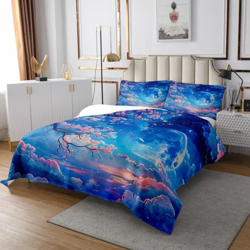 Vista 2 de Manfei Colcha de flores de cerezo tamaño individual, juego de colcha de cielo estrellado de nubes de luna, decoración de habitación para niñas