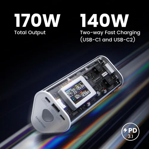 Vista 2 de SHARGEEK 170 Power Bank, Cargador Portátil de Alta Capacidad Total de 170 W y 24,000 mAh con Pantalla Inteligente, Paquete de Batería IP66 de 140 W
