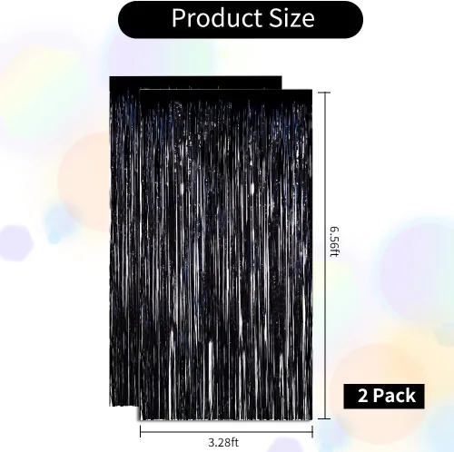 Vista 2 de BEISHIDA Paquete de 2 cortinas de flecos de aluminio, cortinas metálicas de oropel negro, cortina de fondo de fotos para Halloween, boda, despedida