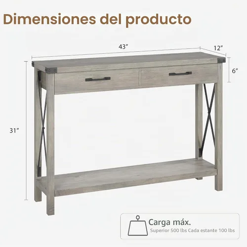 Vista 2 de IDEALHOUSE Mesa consola con 2 cajones, mesa de entrada de granja con estante de almacenamiento, mesa de sofá de madera decorativa para sala de Gris