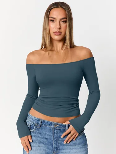 Vista 2 de Trendy Queen Camisetas básicas sexy para mujer con hombros descubiertos Azul