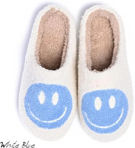 Vista 4 de Pantuflas retro para hombre y mujer, con cara feliz, cómodas, cálidas, de felpa, para invierno, interiores, suaves, antideslizantes, esponjosas