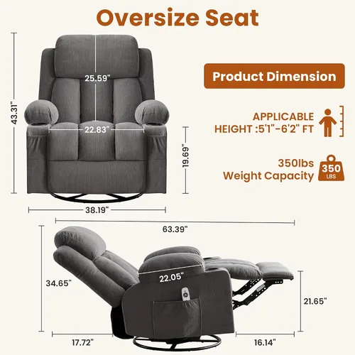 Vista 2 de Swivel Rocker Recliner Chair with Vibration Massage and Heat, Grey Fabric - 8 Massage Points, 2 Cup Holders, USB Port