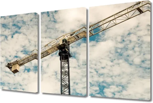 Vista 19 de TUMOVO Arte de pared con diseño de grúa para dormitorio, 3 piezas de grúa pesada al anochecer en un sitio de construcción, póster, pintura, arte