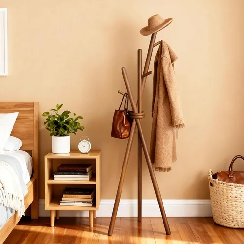 Vista 3 de VICITON Perchero de madera, trípode independiente con 3 ganchos para ropa, sombreros y bolsos, perchero para dormitorio, sala de estar, entrada