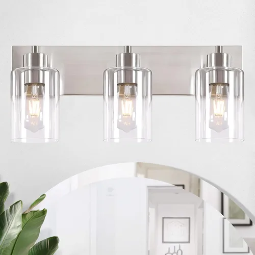 Vista 10 de Lámparas de baño, lámpara de tocador de 2 luces de níquel cepillado, apliques de pared modernos con pantalla de vidrio transparente para pasillo