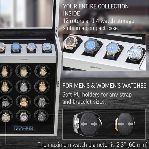 Vista 4 de TIMECUBE Enrollador de reloj para 12 relojes con luz interior y 4 ranuras de almacenamiento para relojes, Blanco, Compacto