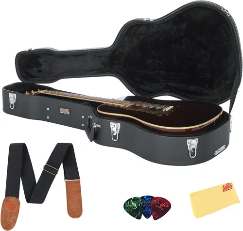 Vista 11 de Gator Hard-Shell Wood Case GWE-DREAD12 for Dreadnought Acoustic Guitars - Bundle with Picks, Strap, and Austin Bazaar Polishing Cloth