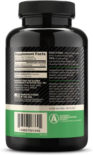 Vista 8 de Optimum Nutrition Cápsulas de monohidrato de creatina micronizada, aptas para Keto, 2500 mg, 100 cápsulas Micronized Creatine Monohydrate