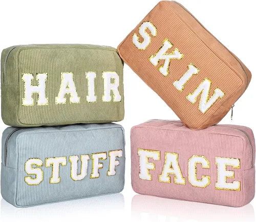 Vista 10 de Pinkunn 4 Piezas Bolsas de Maquillaje Preppy Bolsas de Chenilla con Letras de Viaje Organizador Facial Piel Cabello Higiene Cosmética Bolsa de Aseo