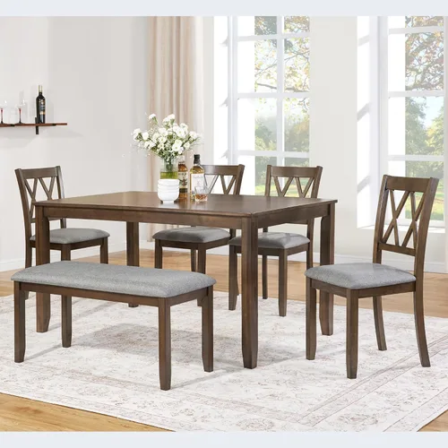 Vista 21 de LUMISOL - Juego de mesa de comedor de madera maciza con 4 sillas tapizadas y banco para cocina, comedor, sala de estar, gris plateado