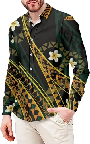 Vista 6 de Camisetas polinesias de manga larga para hombre para hombre, diseño floral de plantas tropicales, camisa con botones en la parte superior