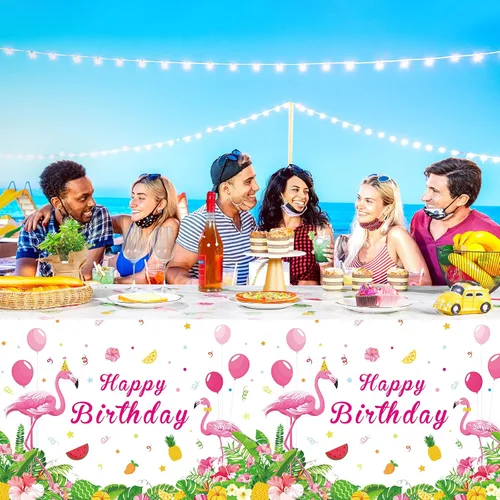 Vista 7 de Mantel rectangular de plástico tropical con diseño de flamenco rosa para decoración de fiesta de cumpleaños, picnic de verano, playa, 3 piezas, 54 x