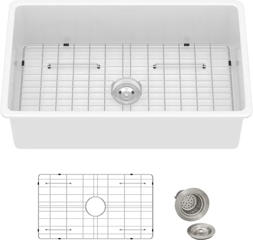 Vista 10 de Sarlai Fregadero de cocina blanco de 27 pulgadas de 27 x 19 pulgadas, fregadero de cocina blanco de doble caída y montaje inferior, de arcilla