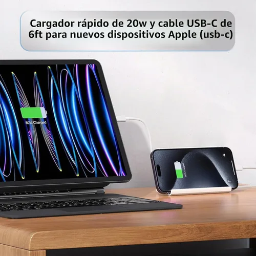 Vista 2 de Cargador para iPad de carga rápida, cable USB-C de 6 pies y bloque