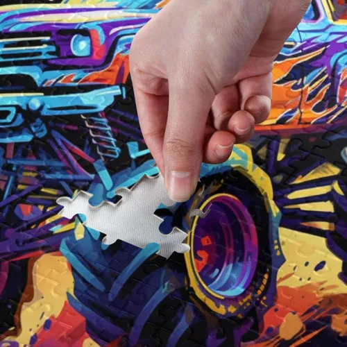 Vista 4 de Rompecabezas de camión monstruo de neón, 1000 piezas de material compuesto de madera de papel, con bolsa de almacenamiento e imagen de referencia