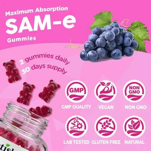 Vista 7 de SAM-e con gomitas de L-tirosina, complejo B metilado y NAC, suplemento SAM e de 1200 mg, folato de metilo y B12, para alivio del estrés y apoyo