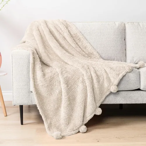 Vista 15 de PAVILIA Manta de sherpa negra para sofá, cálida manta de felpa con pompones, manta mullida para sofá, ligera, suave y acogedora con pompones, 50 x