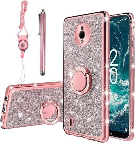 Vista 10 de Funda para Nokia C200, Nokia C200 (6.1 pulgadas) para mujer con purpurina de TPU suave y transparente, funda protectora de lujo con correa de Verde