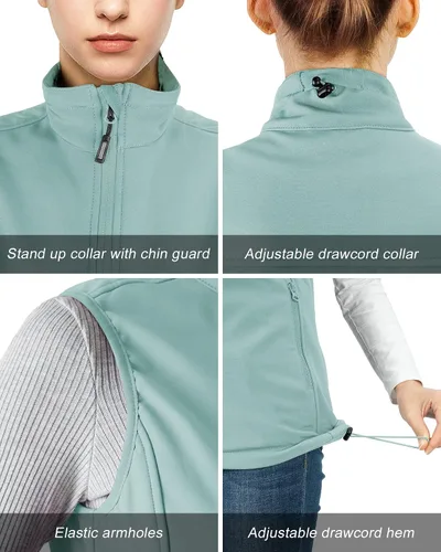 Vista 4 de Outdoor Ventures Chaleco ligero Softshell para mujer, resistente al viento, forro polar, con cremallera, sin mangas, para correr, senderismo, golf
