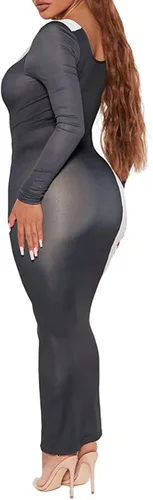 Vista 3 de Vestido largo ajustado de manga larga Y2k con cuello cuadrado para mujer, vestido de cóctel con estampado de cara de retazos