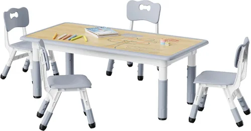 Vista 9 de Set de mesa y 4 sillas para niños Brelley, juego de mesa y sillas ajustables en altura para niños pequeños, escritorio con diseño de grafiti, patas