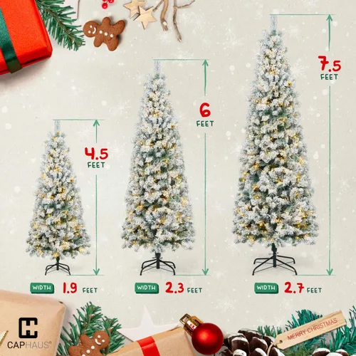 Vista 3 de Fencer Wire Árbol de Navidad Artificial Tipo Lápiz Preiluminado con Nieve Artificial de 7.5 pies con 980 puntas de ramas prearticuladas y soporte