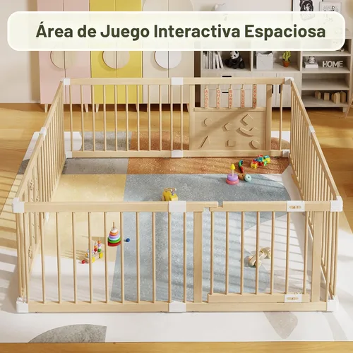 Vista 9 de Parque infantil de madera para bebés con puerta de seguridad, patio grande de 64 "x 64" para bebés Natural Pine Wood Playpen with Built-in Toys