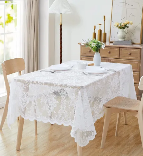 Vista 8 de LinenZone Hermoso mantel redondo de encaje con elegante borde festoneado para cualquier evento especial como bodas, fiestas de cumpleaños, baby