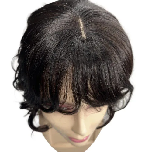 Vista 2 de Anemone Extensiones de cabello humano ondulado con flequillo, 14 pulgadas, extensiones de cabello humano Remy brasileño natural con clip (1B)
