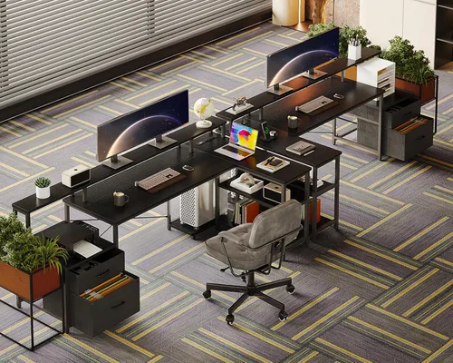 Vista 6 de ODK Escritorio en Forma de L con Cajón de Archivos, Escritorio de Computadora Reversible en Forma de L de 75", con Toma de Corriente y Tira LED