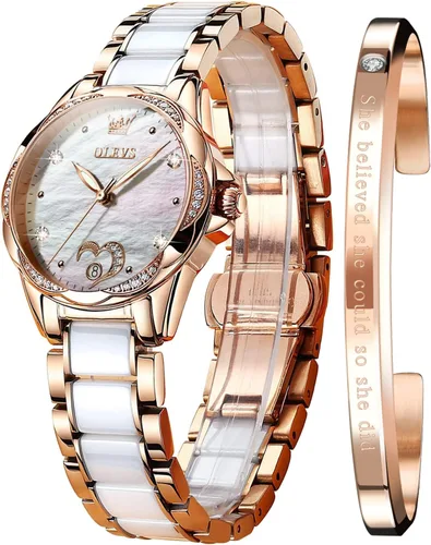 Vista 11 de OLEVS Relojes automáticos mecánicos para mujer de cuerda automática, oro rosa, dos tonos, correa de cerámica, esfera de corazón de amor