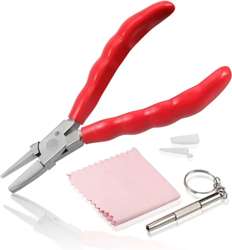Vista 13 de Alicates de punta doblada de 6 pulgadas, kit de herramientas de reparación y ajuste de lentes de acero inoxidable con destornillador y paño