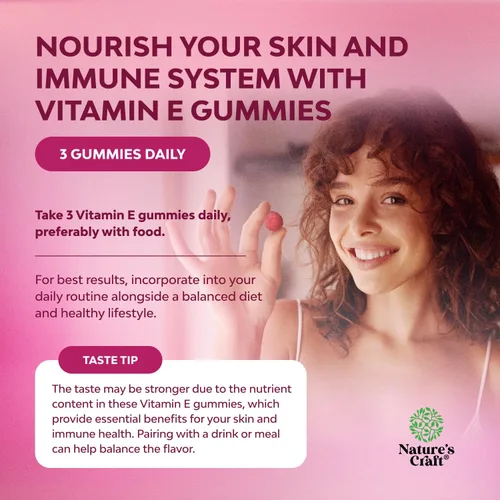 Vista 2 de Natures Craft Gomitas de vitamina E para el cuidado de la piel – Suplemento para la piel de 400 UI de vitamina E de alta potencia – Suplemento