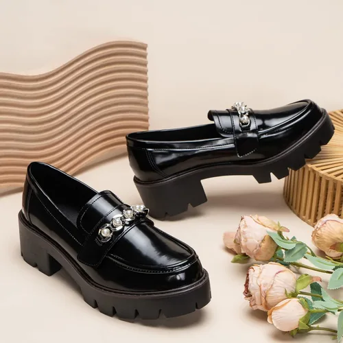 Vista 4 de youngshow Mocasines de plataforma para mujer, de tacón grueso, puntera redonda, de cuero, mocasines