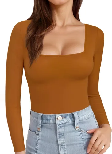 Vista 19 de MANGOPOP - Camisetas ajustadas de manga corta y manga larga con cuello cuadrado para mujer A01 Manga Corta Negro