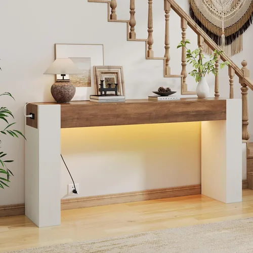 Vista 9 de 63-Inch Farmhouse Console Sofa Table with Power Outlets & LED Lights