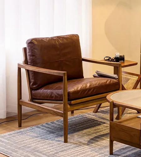 Vista 3 de Sofá de esponja de alta elasticidad Sofá moderno simple perezoso sofá retro hotel de madera maciza diseño de sofá individual silla de ocio Silla