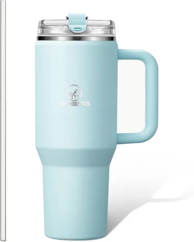 Vista 17 de Gpeng 30/40/50 oz Vaso con asa, botellas de agua con tapa de popote, taza de viaje de acero inoxidable aislada compatible con portavasos, mantiene