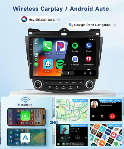 Vista 4 de Para Honda Accord 7ª 2003 2004 2005 2006 2007 Estéreo de coche Android con Carplay inalámbrico/Android Auto Pantalla táctil de 10.1" Autoradio