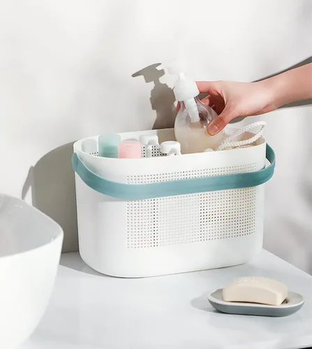 Vista 2 de Carrito de ducha de plástico con un asa, organizador de ducha, organizador portátil, cesta de almacenamiento para dormitorio universitario, baño