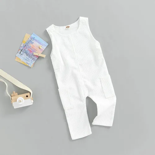 Vista 2 de Overol de pana con bolsillos para bebé sin mangas con botones con tirante color liso ropa de otoño para niños pequeños