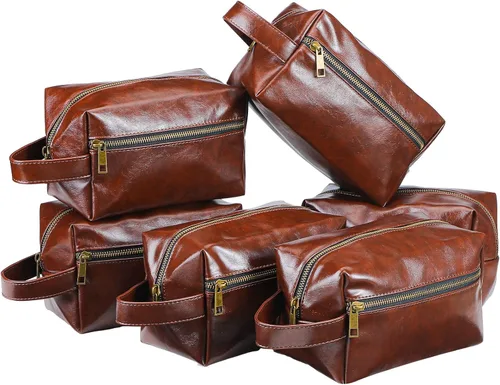 Vista 9 de Hillban 6 piezas de regalo para padrinos de boda, bolsa de aseo de viaje para hombres, juego de regalos de Bestmen, bolsa de aseo de cuero con asa