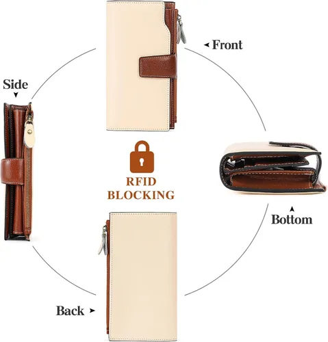 Vista 4 de SENDEFN Carteras de cuero para mujer, con bloqueo RFID, tarjetero con bolsillo con cremallera, Beige Marrón, Minimalista
